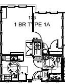 Floor plan for 1 bed, 1 bath, 604 sqft